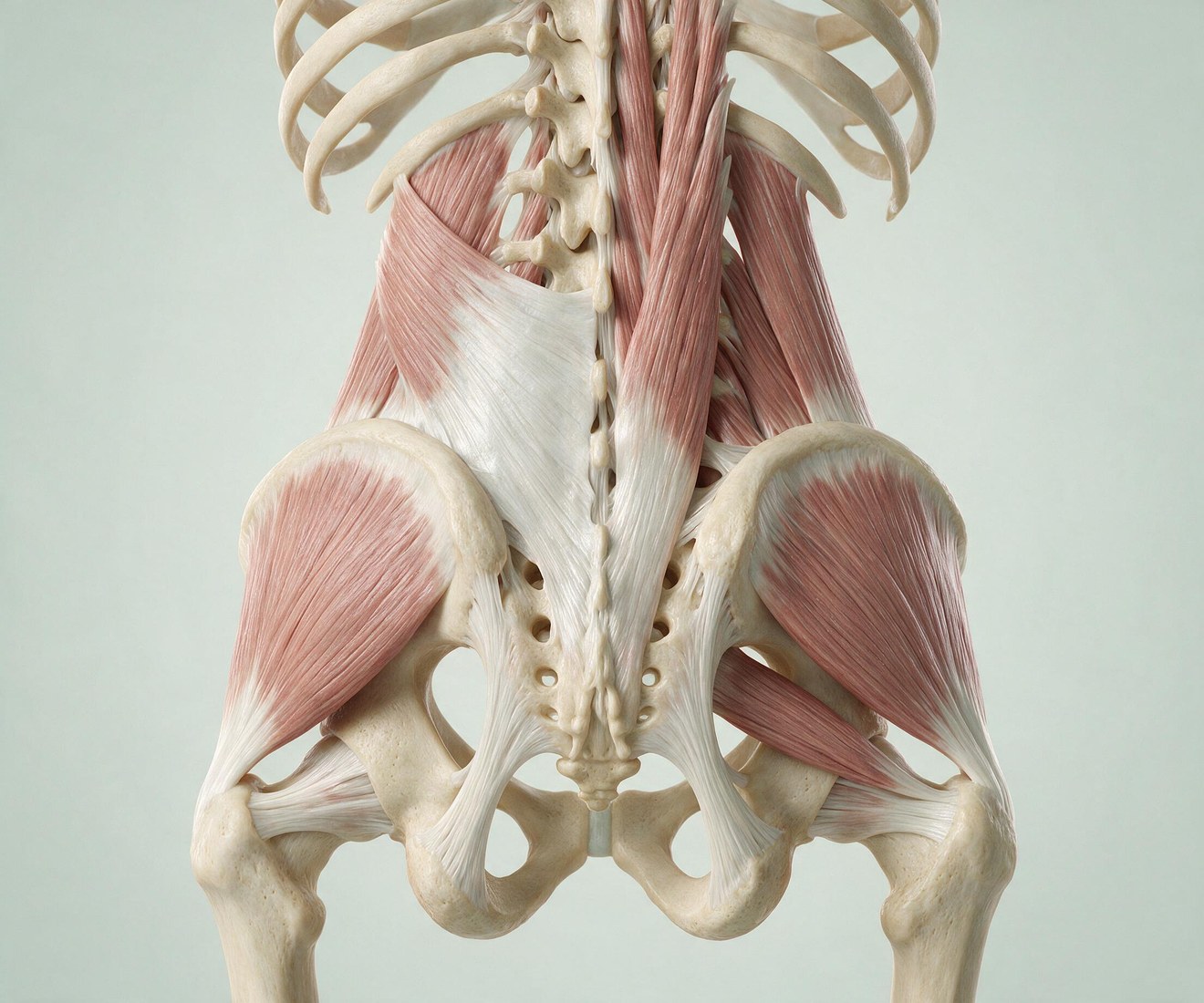 Anatomical illustration of the lumbar spine and pelvis with the surrounding deep muscle layers