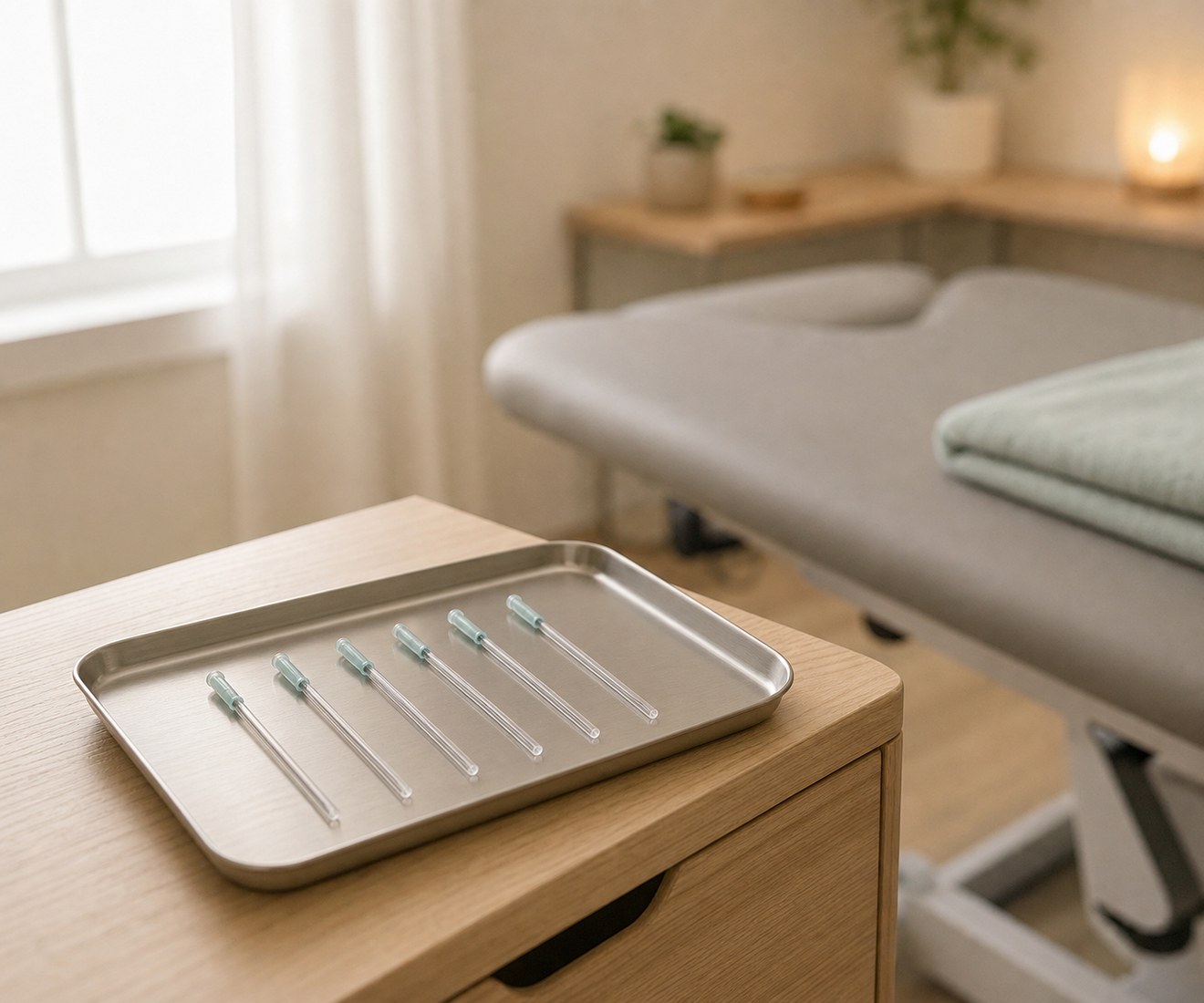 Sterile single-use acupuncture needles in their guide tubes on a steel tray beside a treatment couch