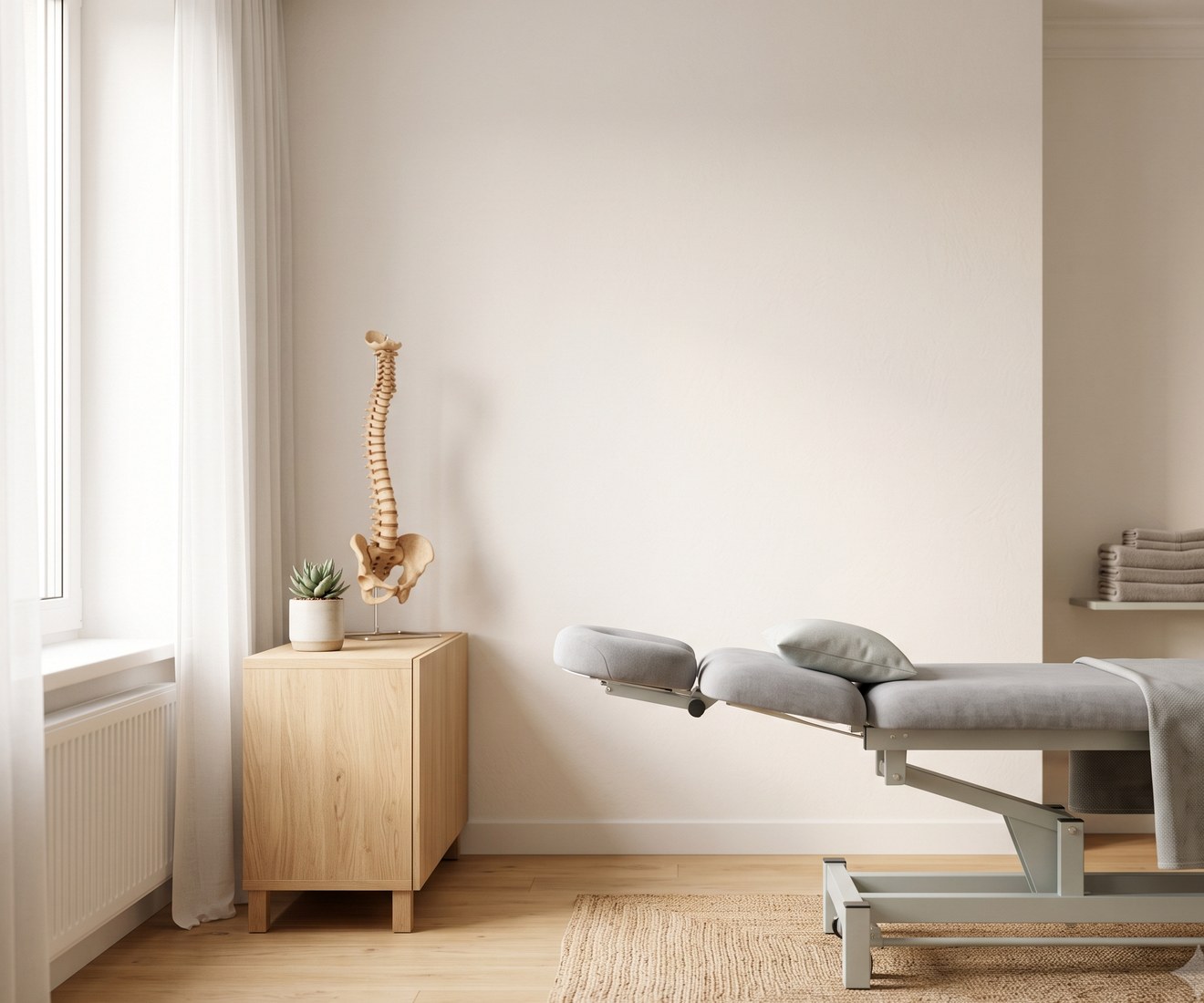 A calm, light osteopathy treatment room with a treatment couch and an anatomical spine model
